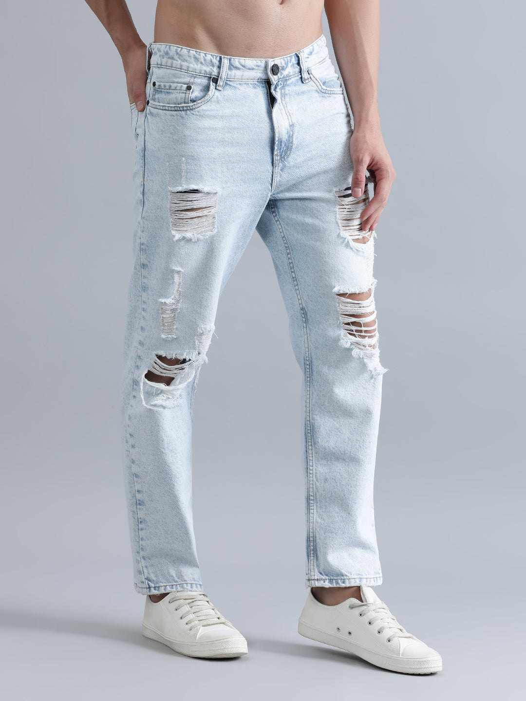 Men Light Blue Relaxed Fit Solid Highly Distressed Jeans