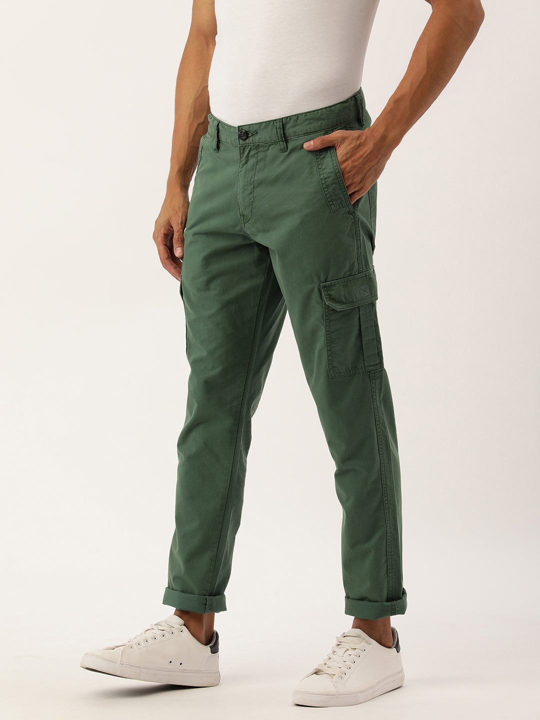 Men Basil Green Slim Fit Solid Cargo Trouser