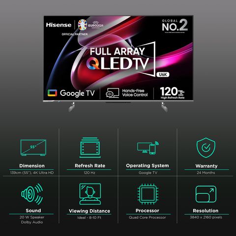 Hisense U6K 139 cm (55 inch) QLED 4K Ultra HD Google TV with Dolby Atmos (2023 model)