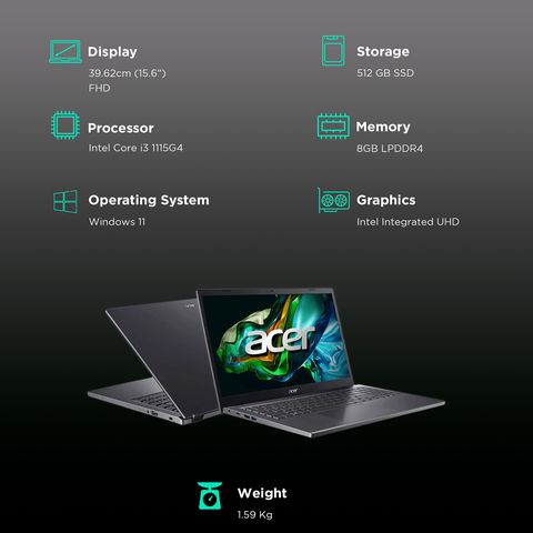 acer Aspire Lite Intel Core i3 11th Gen Thin and Light Laptop (8GB, 512GB SSD, Windows 11 Home, 15.6 inch FHD Display, Steel Gray, 1.59 KG)