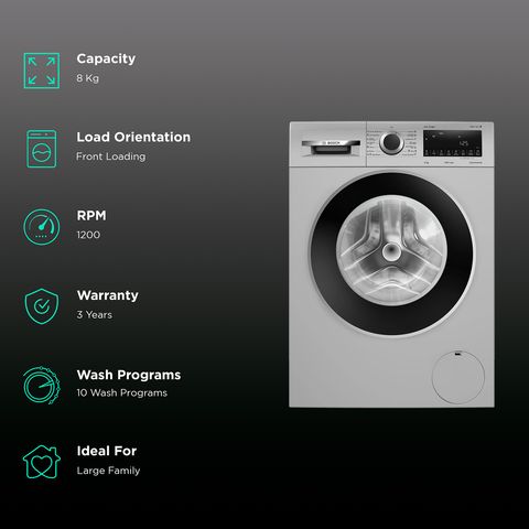 BOSCH 8 kg Fully Automatic Front Load Washing Machine (Series 6, WGA1320SIN, Auto Stain Removal, Silver)