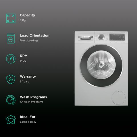 BOSCH 8 kg Fully Automatic Front Load Washing Machine (Series 6, WGA2341SIN, Auto Stain Removal, Silver)