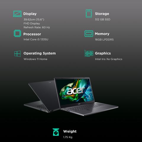 acer Aspire 5 Intel Core i5 13th Gen Thin and Light Laptop (16GB, 512GB SSD, Windows 11 Home, 15.6 inch Full HD IPS Display, MS Office 2021, Steel Gray, 1.75 KG)