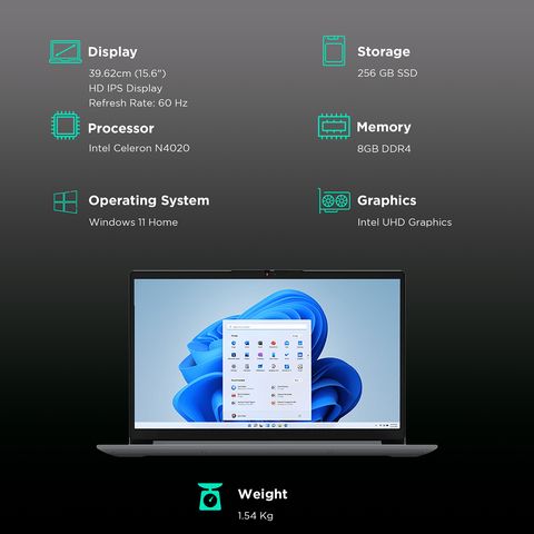 Lenovo Idea Pad 1 15IGL7 Intel Celeron (15.6 inch, 8GB, 256GB, Windows 11 Home, MS Office 2021, Intel UHD Graphics 600, HD Display, Cloud Grey, 82V7009DIN)