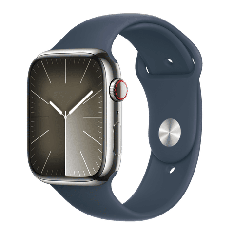 Apple Watch Series 9 GPS+Cellular with Storm Blue Sport Band - S/M (45mm Display, Silver Stainless Steel Case)