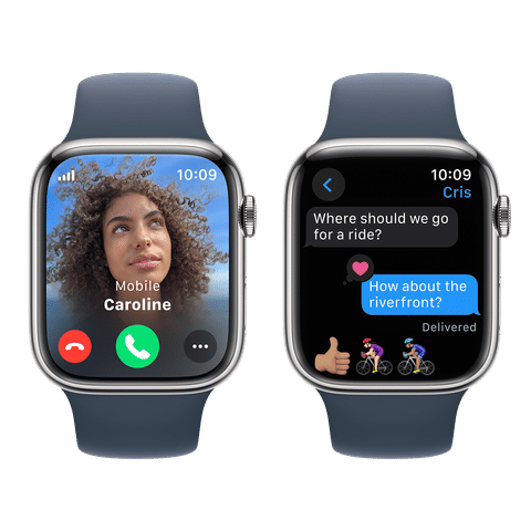 Apple Watch Series 9 GPS+Cellular with Storm Blue Sport Band - S/M (45mm Display, Silver Stainless Steel Case)