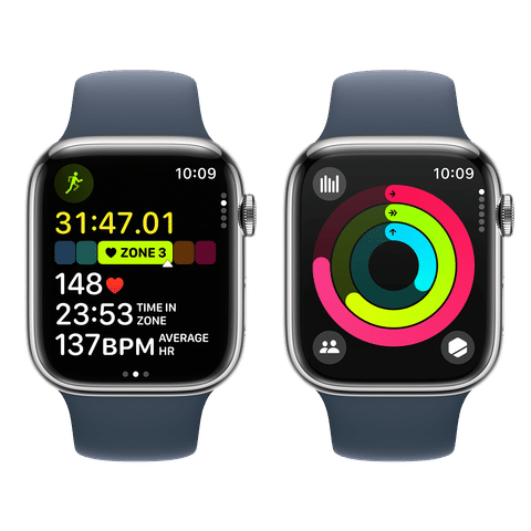 Apple Watch Series 9 GPS+Cellular with Storm Blue Sport Band - S/M (45mm Display, Silver Stainless Steel Case)