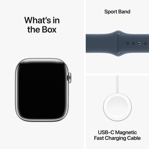 Apple Watch Series 9 GPS+Cellular with Storm Blue Sport Band - S/M (45mm Display, Silver Stainless Steel Case)