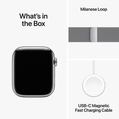 Apple Watch Series 9 GPS+Cellular with Silver Milanese Loop - M/L (45mm Display, Silver Stainless Steel Case)