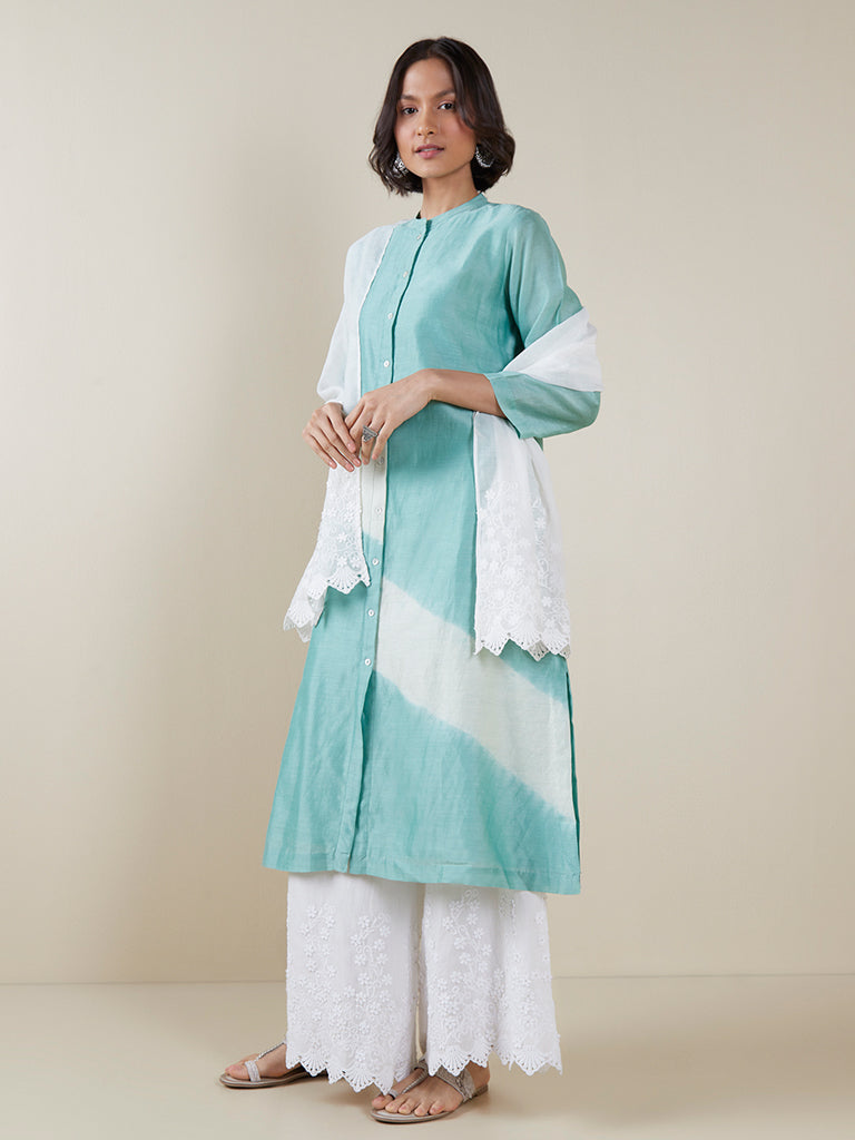 Zuba White Floral Embroidered Cotton Palazzos