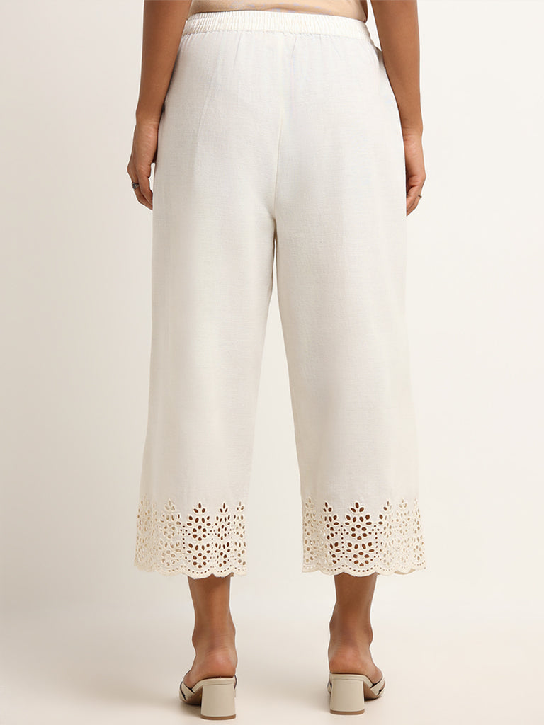 Utsa Off-White Crochet-Detailed Blended Linen Palazzos