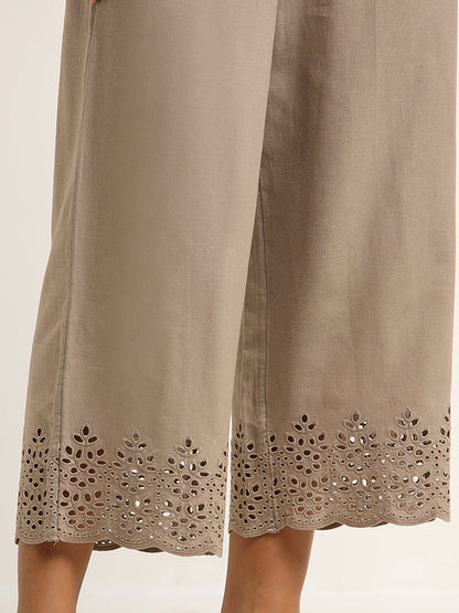 Utsa Taupe Crochet Detailed Blended Linen Palazzos