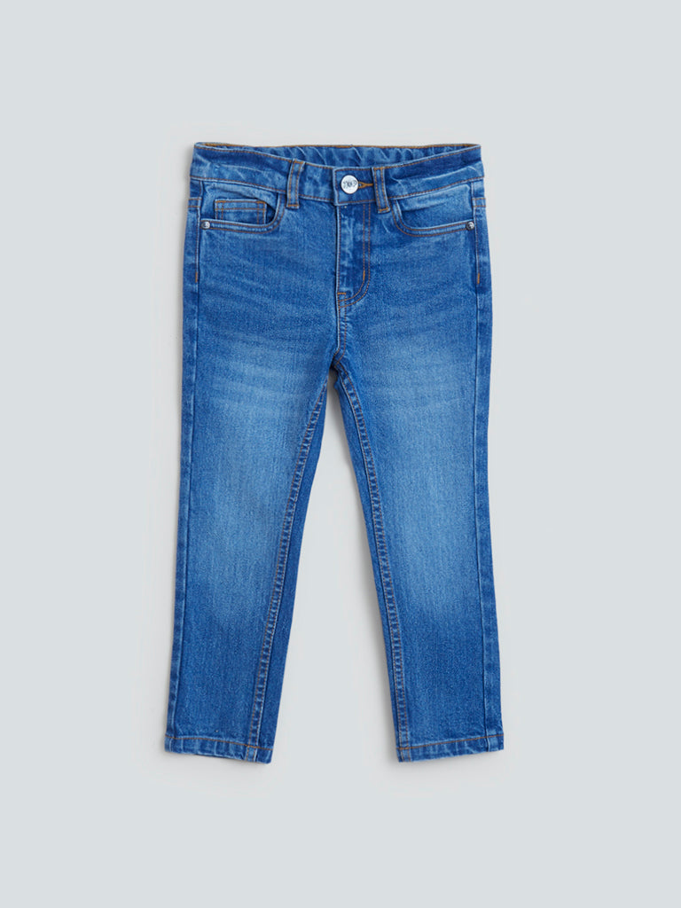 HOP Kids Blue Whisker Design Slim - Fit Mid- Rise Jeans