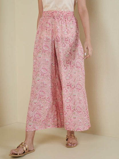 Zuba Light Pink Floral-Printed Flared Palazzos