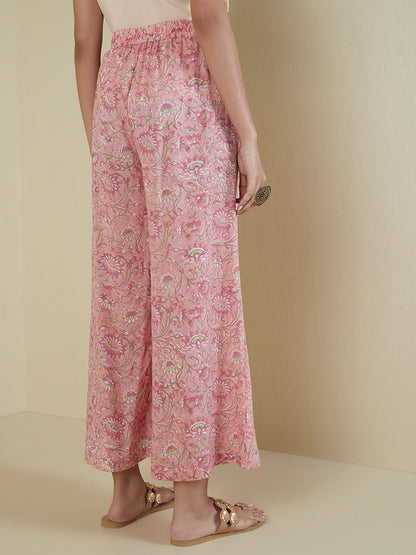 Zuba Light Pink Floral-Printed Flared Palazzos