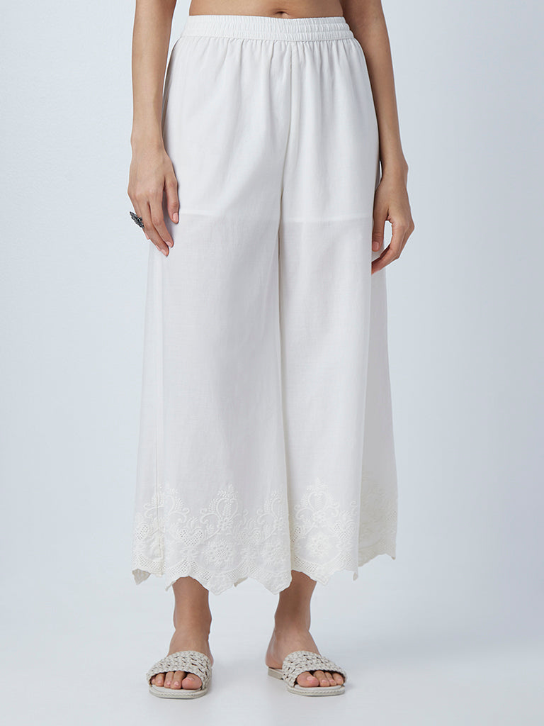 Zuba Off-White Solid  Cotton Palazzos