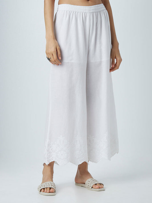 Zuba White Solid Cotton Palazzos