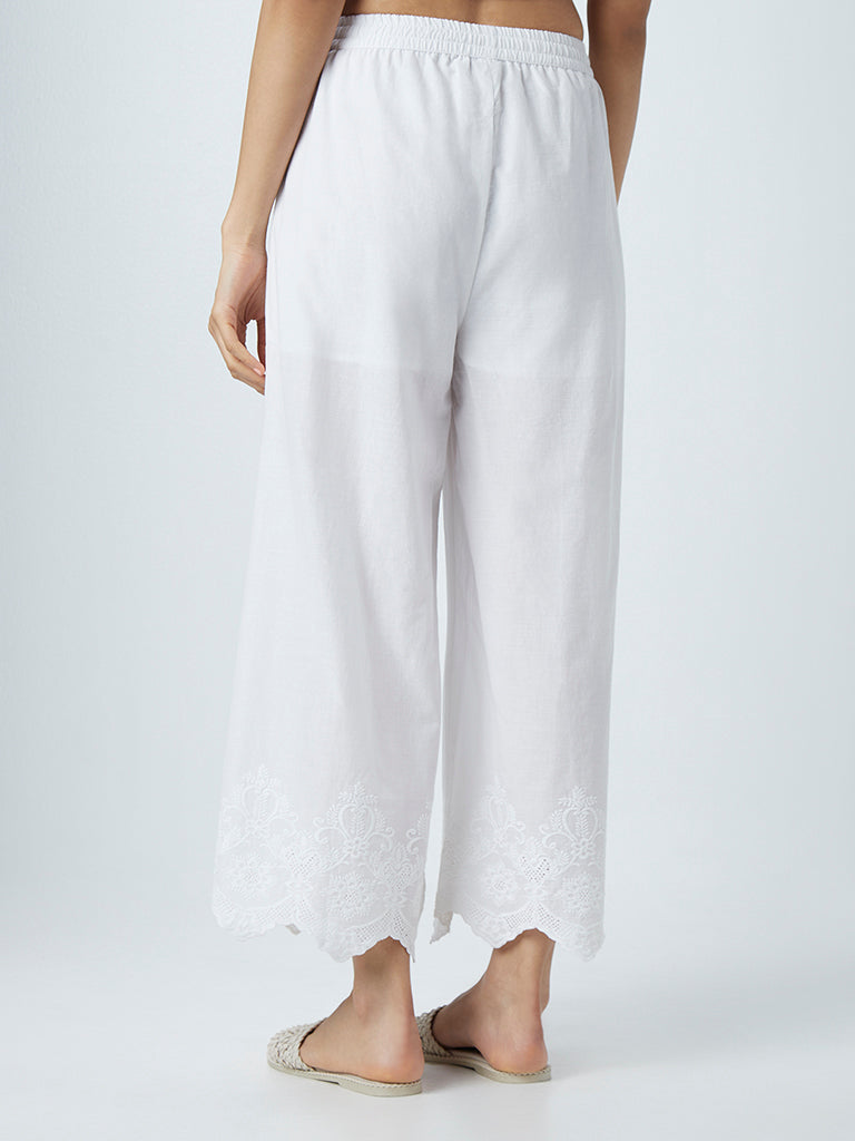 Zuba White Solid Cotton Palazzos