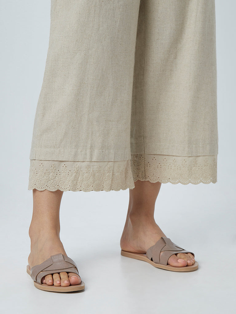 Zuba Beige Scalloped Pattern Blended Linen Palazzos