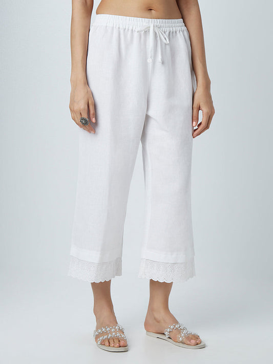 Zuba White Scalloped Pattern Blended Linen Palazzos