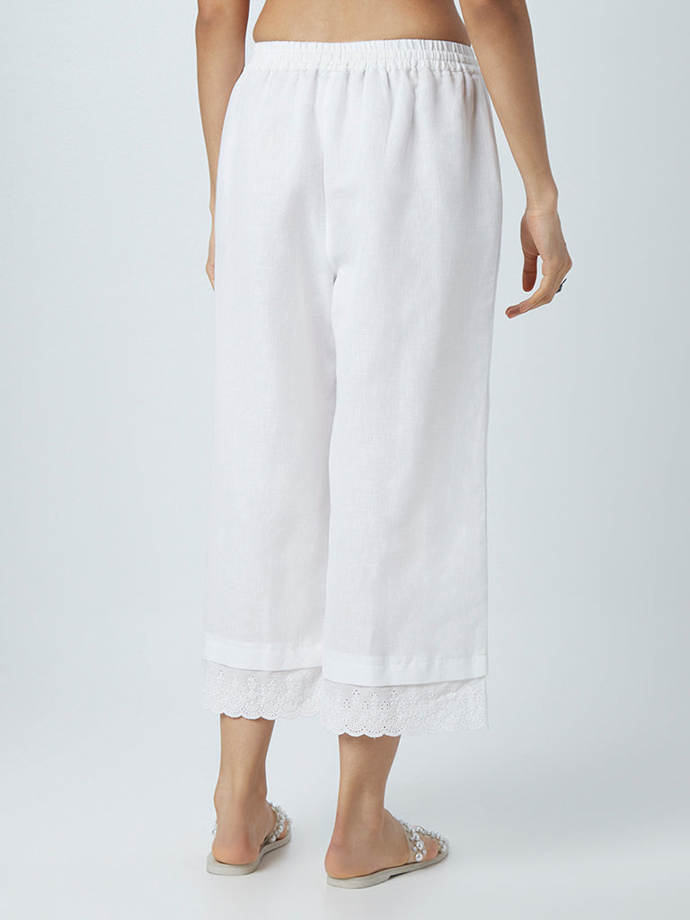 Zuba White Scalloped Pattern Blended Linen Palazzos