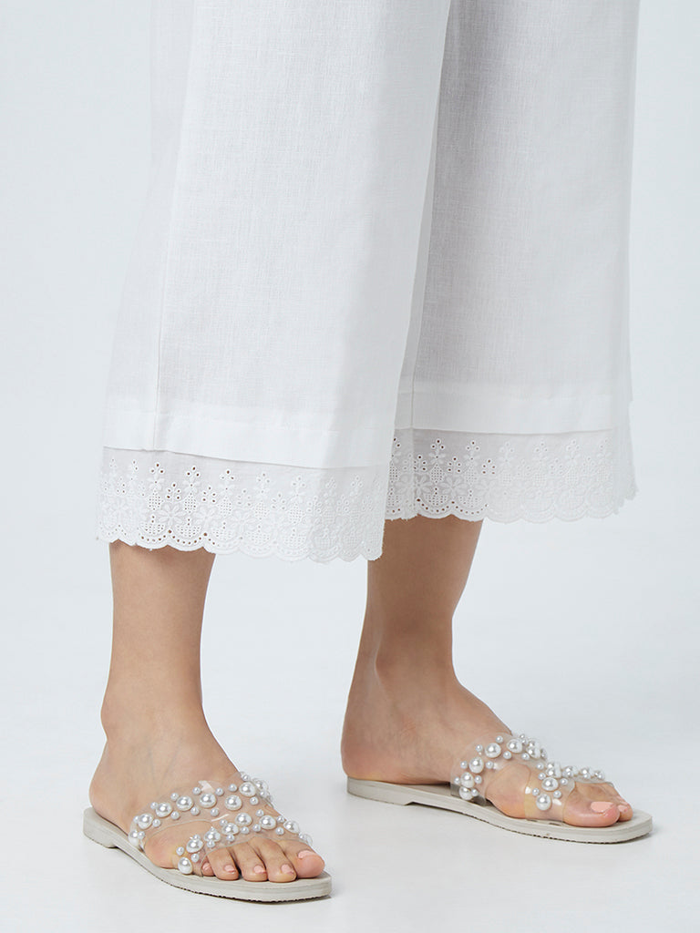 Zuba White Scalloped Pattern Blended Linen Palazzos