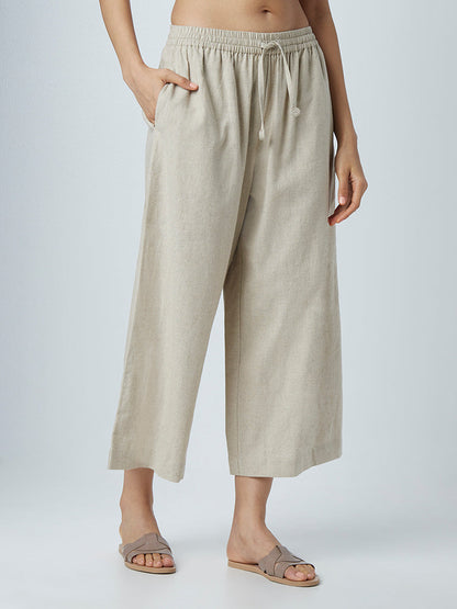 Zuba Beige Blended Linen Wide-Leg Palazzos