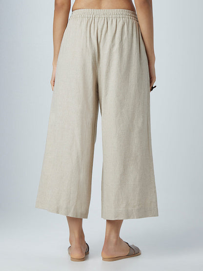 Zuba Beige Blended Linen Wide-Leg Palazzos