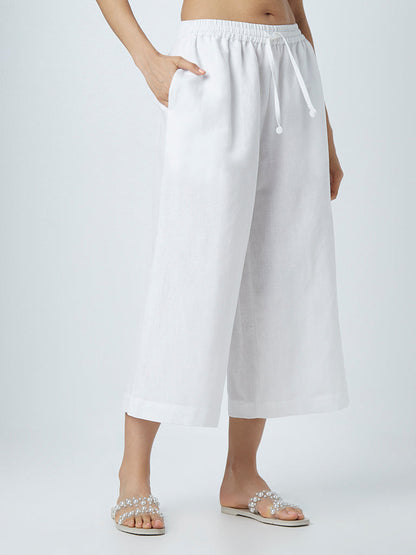 Zuba White Blended Linen Wide-Leg Palazzos