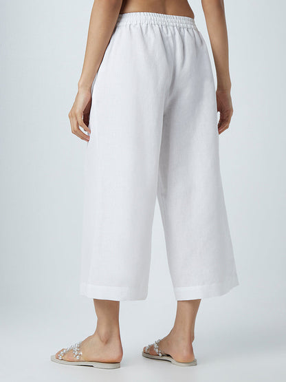 Zuba White Blended Linen Wide-Leg Palazzos