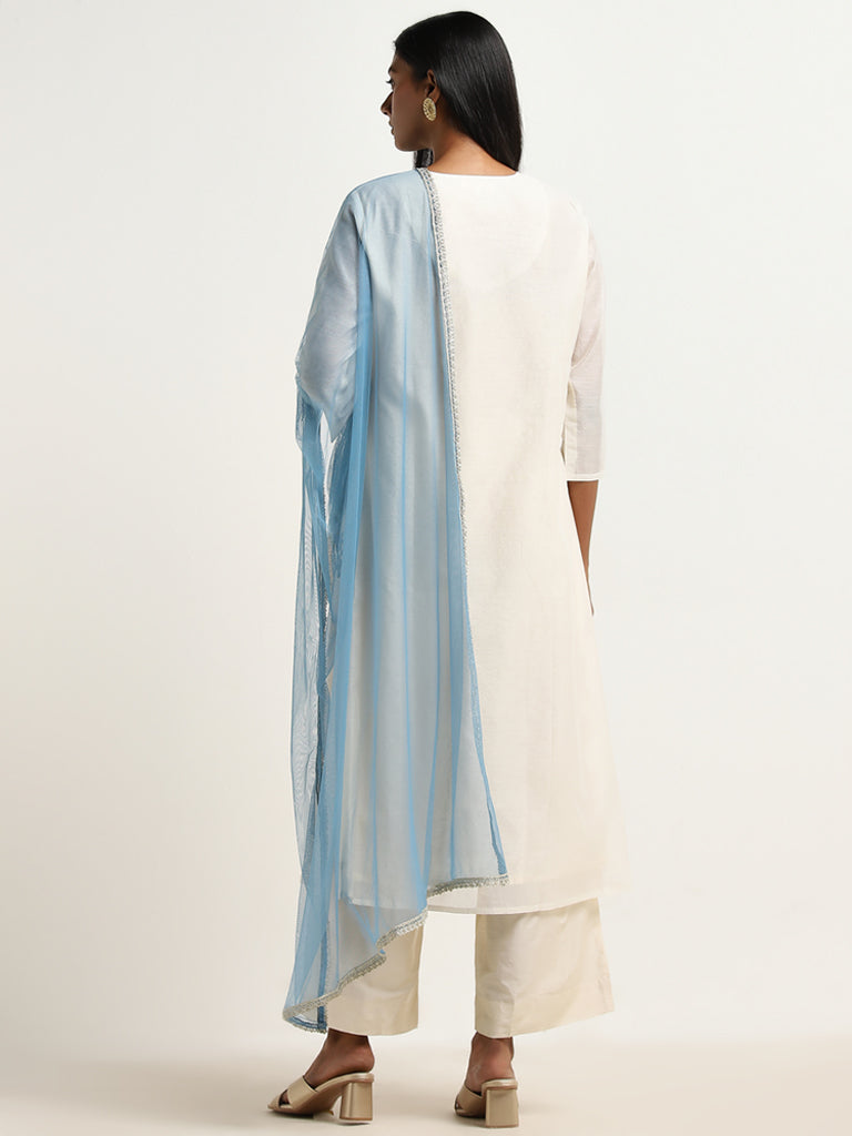 Vark Off-White Floral Embroidered A-Line Kurta, Pants and Dupatta Set