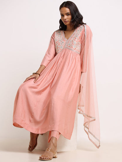 Vark Pink Embroidered Kurta, Pants & Dupatta Set