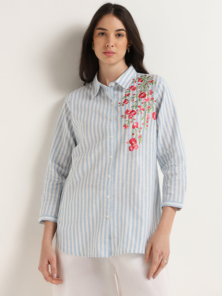 Zuba Blue Floral Embroidered Cotton Tunic