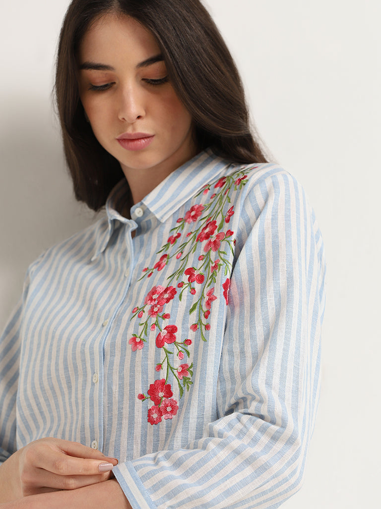 Zuba Blue Floral Embroidered Cotton Tunic