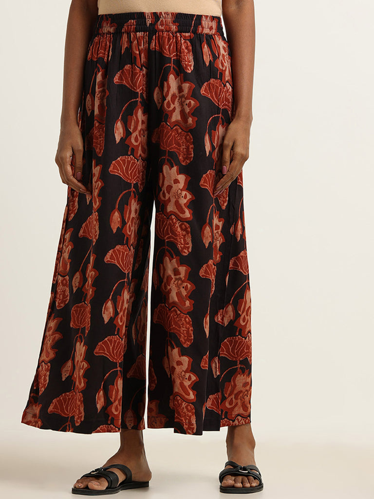 Utsa Black Floral Print Palazzos