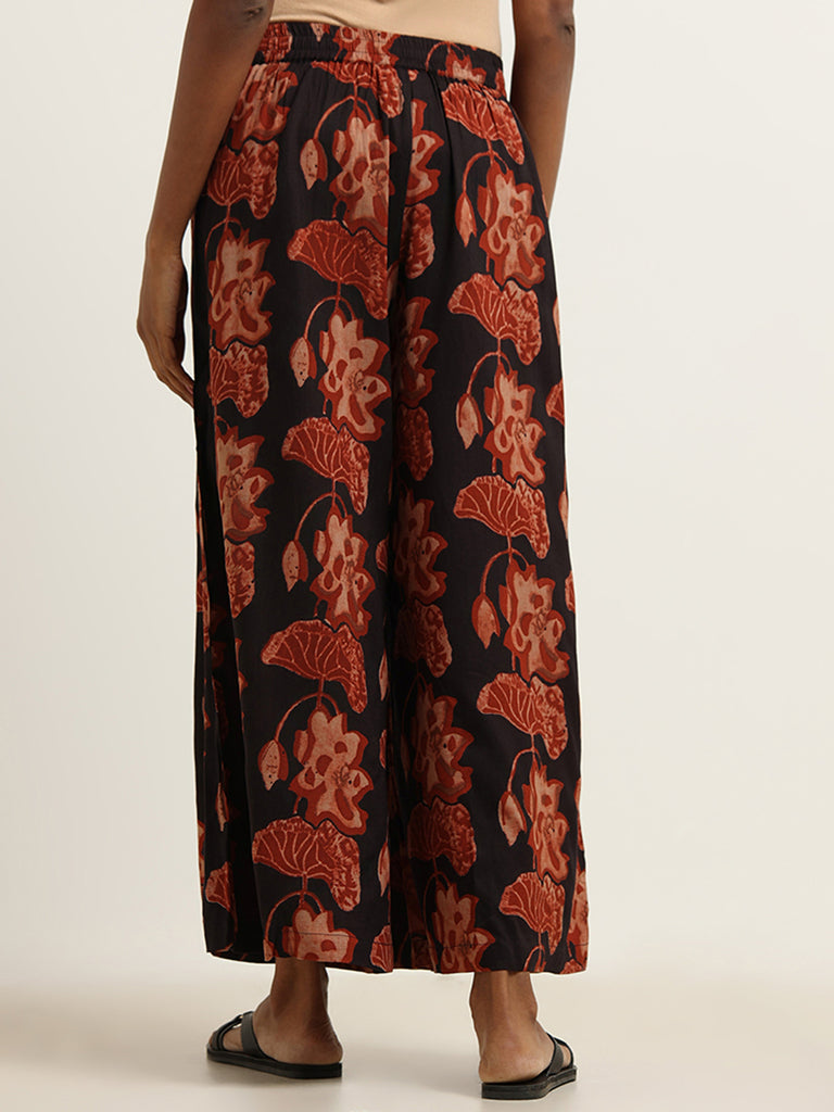 Utsa Black Floral Print Palazzos