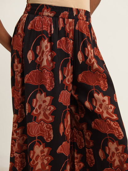 Utsa Black Floral Print Palazzos