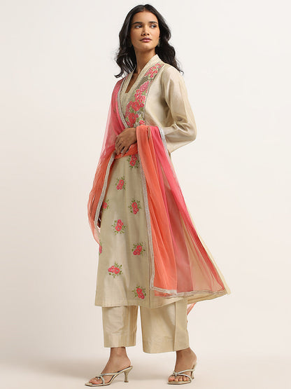 Vark Beige Floral Straight Kurta, Ethnic Pants & Dupatta Set