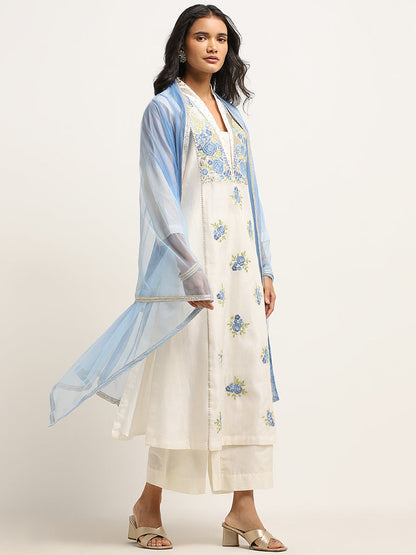 Vark Off-White Floral Straight Kurta, Pants & Dupatta Set