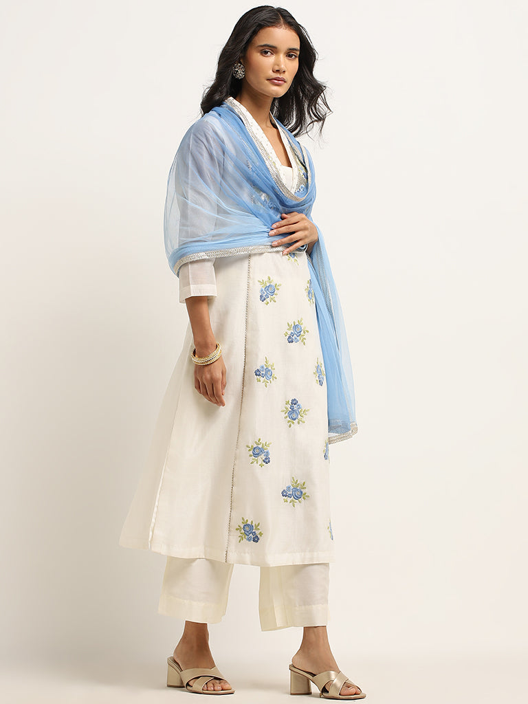 Vark Off-White Floral Straight Kurta, Pants & Dupatta Set