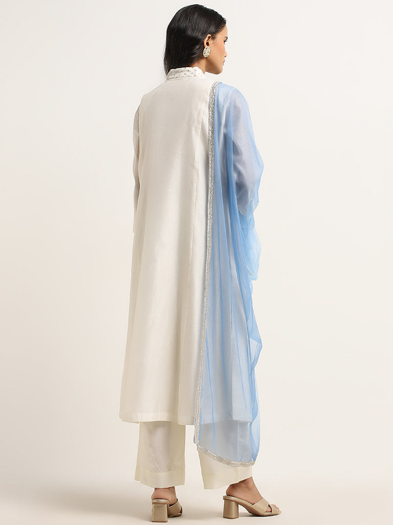 Vark Off-White Floral Straight Kurta, Pants & Dupatta Set