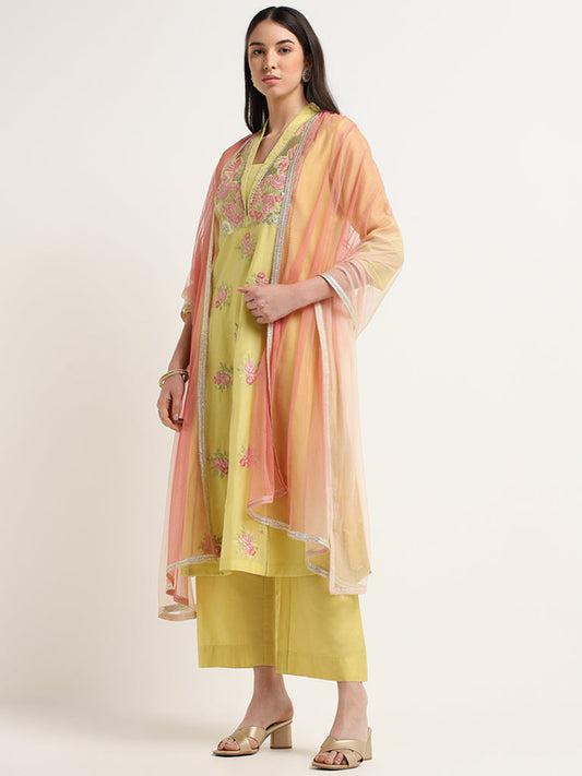 Vark Mustard Floral Straight Kurta, Pants & Dupatta Set