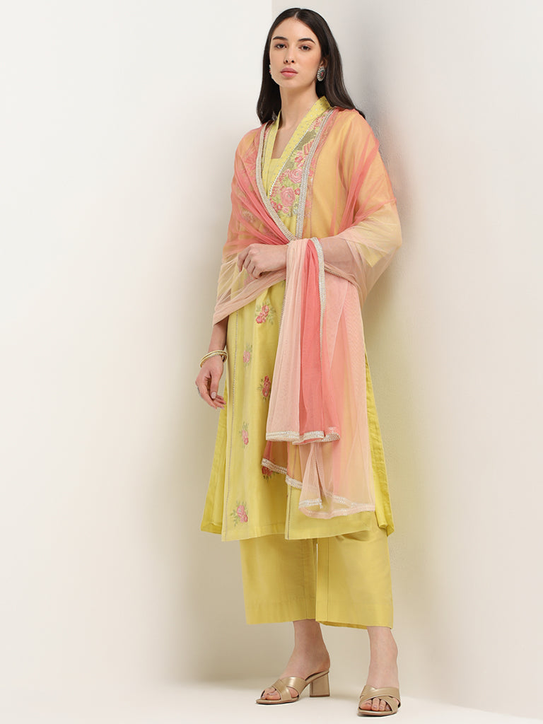 Vark Mustard Floral Straight Kurta, Pants & Dupatta Set