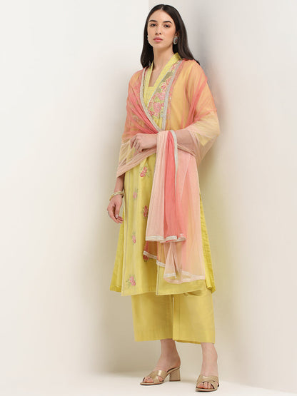 Vark Mustard Floral Straight Kurta, Pants & Dupatta Set