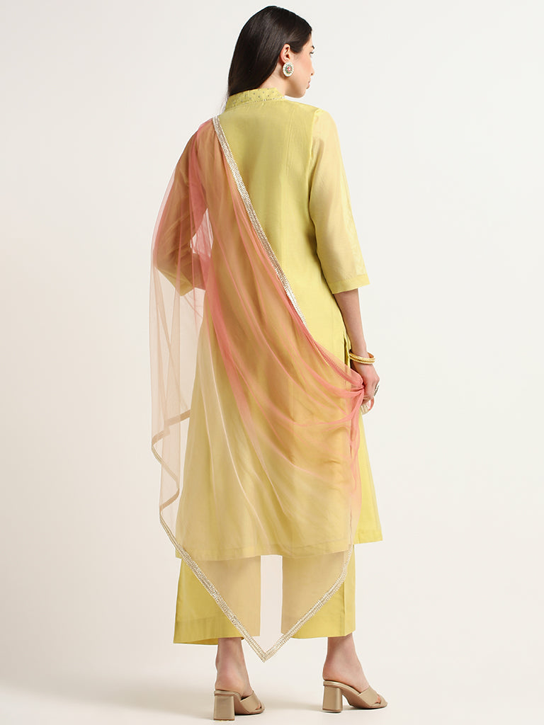 Vark Mustard Floral Straight Kurta, Pants & Dupatta Set