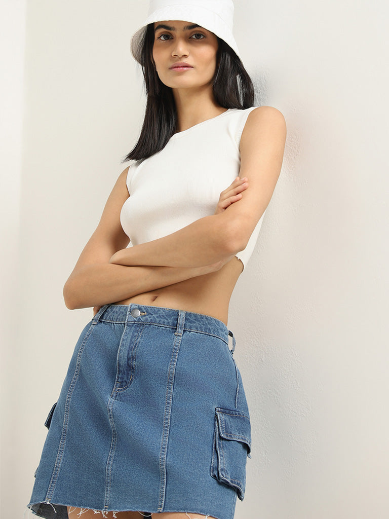 Nuon White Cotton Ribbed Crop Top