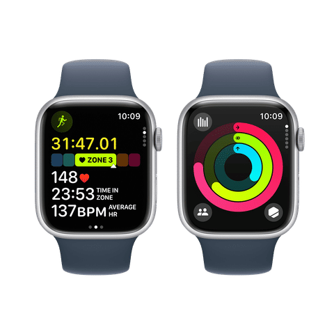 Apple Watch Series 9 GPS with Storm Blue Sport Band - M/L (45mm Display, Silver Aluminium Case)