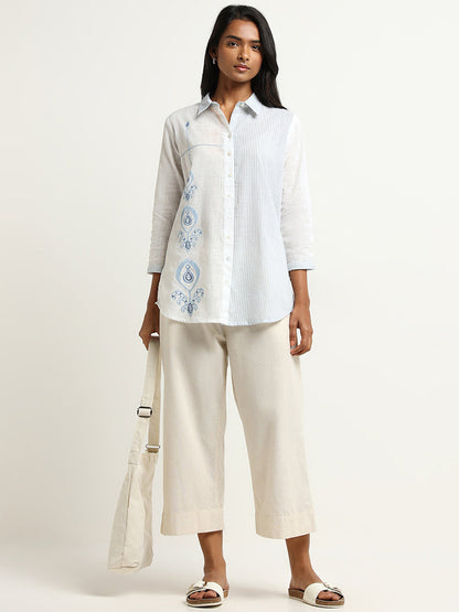 Utsa White Embroidered Stripe Cotton Tunic