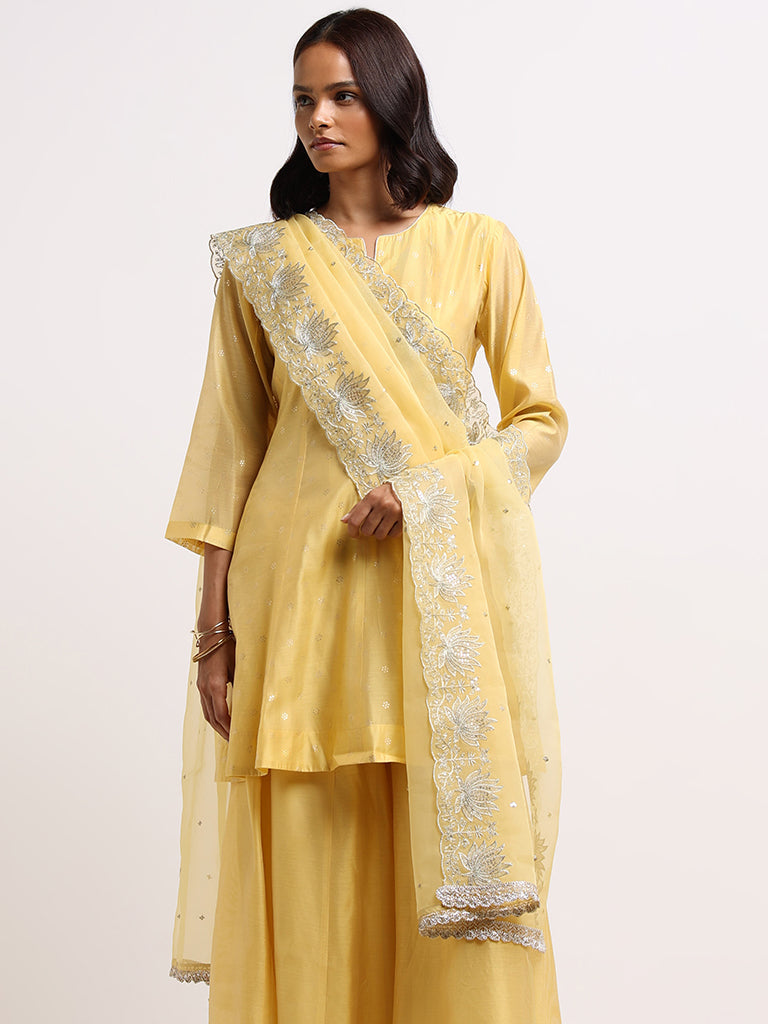 Vark Yellow Printed Kurti, Palazzos & Dupatta Set