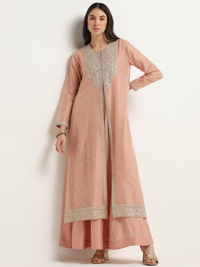 Vark Peach Embroidered Kurta, Inner & Pants Set